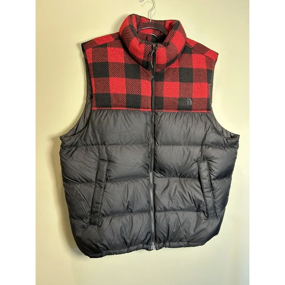 The North Face Nupste 700 Down Puffer Vest Red/Black Check Plaid Men's XL
